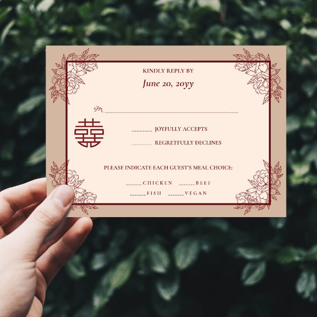 Convite RSVP para Casamento Chinês Floral Elegante (Elegant Floral Chinese Wedding RSVP Invitation)