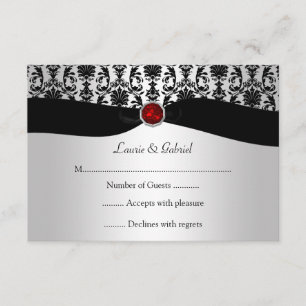 Convite RSVP para RSVP Red Jewel Damask Black Silv