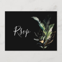 Convite RSVP Preto para Casamento de Folhagem Trop