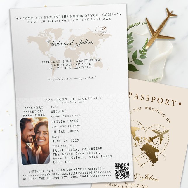 Convite Rua de Passaporte, Casamento de Destino de Lucia (passport wedding invitation destination saint lucia caribbean elegant calligraphy rsvp qr)