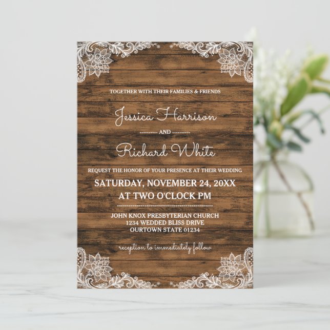 Convite Rustic Barn Wood and Lace Wedation (Em pé/Frente)