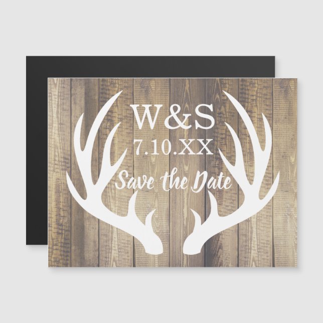 Convite Rustic Barn Wood Planks White Deer Antlers (Frente/Verso)
