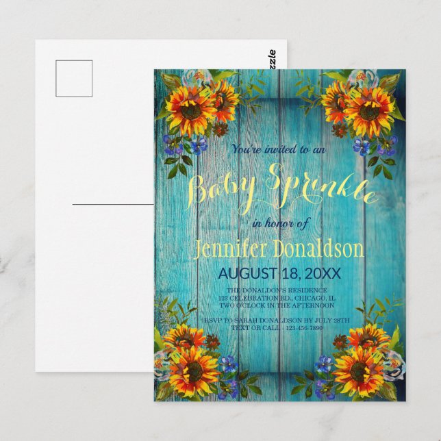 Convite Rustic Blue Sunflower Baby Sprinkle (Frente/Verso)