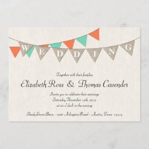 Convite Rustic Burlap Coral Pennant Casamento