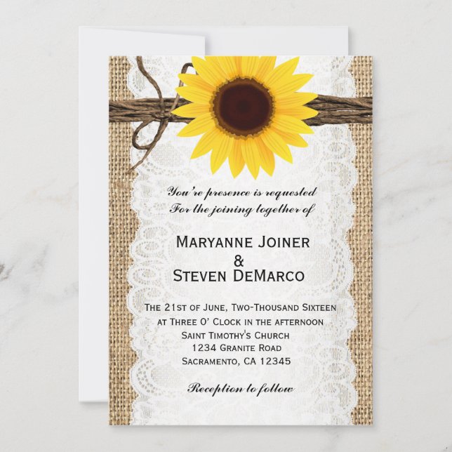 Convite Rustic Burlap Sunflower Weditation (Frente)