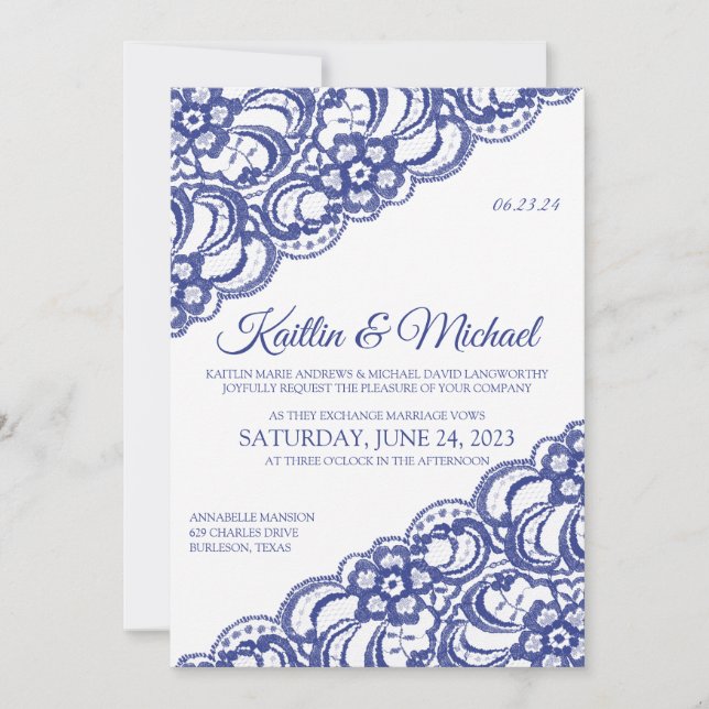 Convite Rustic Country Lace Wedation - Royal Blue (Frente)