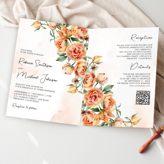 Convite Rustic Earthy Peach Floral QR Code Wedding (Criador carregado)