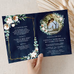 Convite Rustic Gold Cotton Eucalyptus QR Code Navy Wedding<br><div class="desc">Amaze your guests with this elegant wedding invite featuring beautiful leaves and modern typography with QR code for online RSVP.</div>