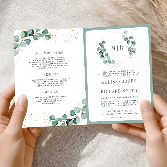 Convite Rustic Greenery Gold Eucalyptus QR Code Wedding  (Criador carregado)