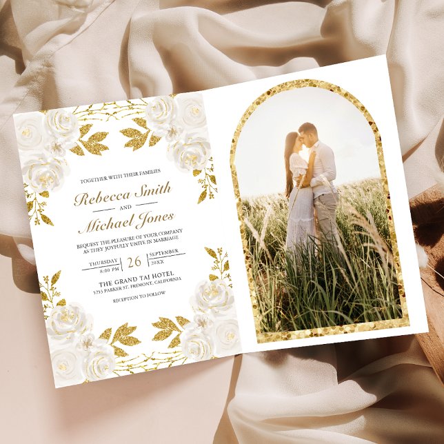 Convite Rustic Ivory Floral Gold Glitter QR Code Wedding (Criador carregado)