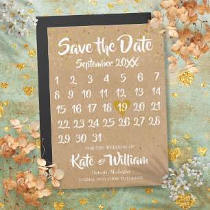 Convite Rustic Kraft Love Heart Calendar Salvar a Data