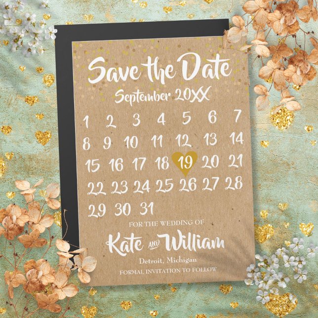 Convite Rustic Kraft Love Heart Calendar Salvar Data (Rustic Kraft Love Heart Calendar Save the Date Magnetic Invitation)