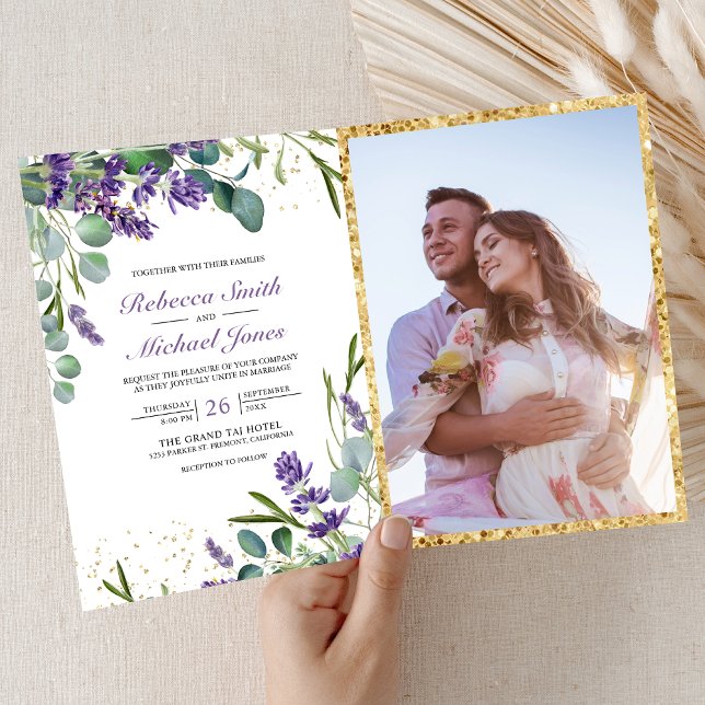 Convite Rustic Lavender Eucalyptus Photo QR Code Wedding (Criador carregado)