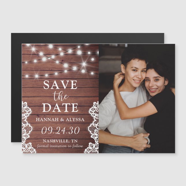 Convite Rustic Lights LGBTQ Photo Save the Date Card (Frente/Verso)