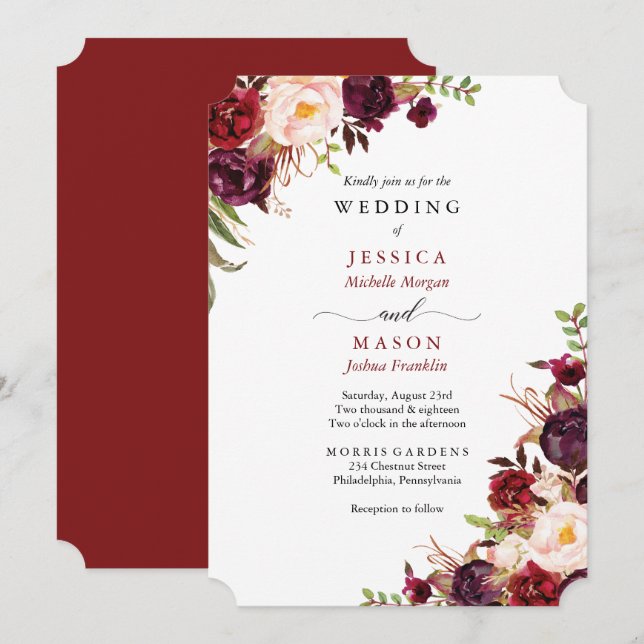Convite Rustic Marsala Burgundy Para Casamento (Frente/Verso)