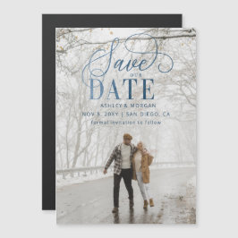 Convite Rustic Modern Blue Script Photo Save the Date