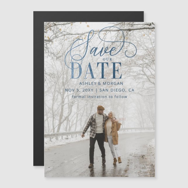 Convite Rustic Modern Blue Script Photo Save the Date (Frente/Verso)
