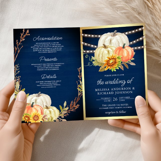 Convite Rustic Navy Wood Sunflower Pumpkin QR Code Wedding (Criador carregado)