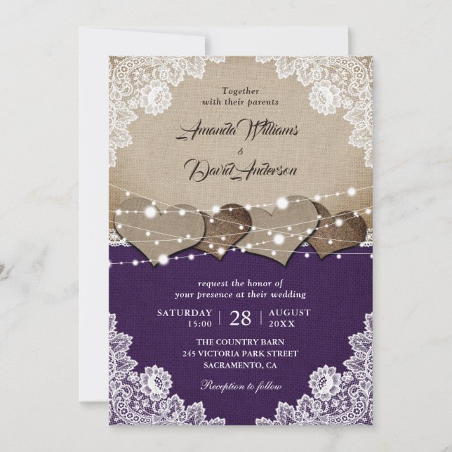 Convite Rustic Purple Lace Casamento (Frente)