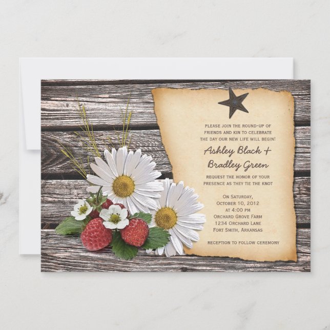 Convite Rustic Strawberry Daisy Weding (Frente)