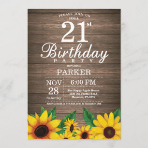 Convite Rustic Sunflower aniversário de 21 anos
