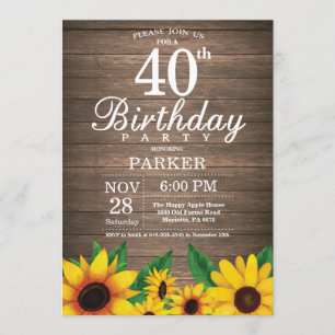Convite Rustic Sunflower aniversário de 40 anos