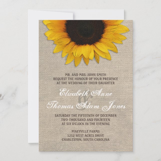 Convite Rustic Sunflower & Burlap Para Casamento (Frente)