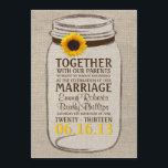 Convite Rustic Sunflower & Mason Jar Weditation<br><div class="desc">Perfeito para um casamento rústico, vintage ou country. Apresenta um fundo de burlap com jarro de pedras rústicas e sotaque de girassol para coordenar com seu tema de casamento. Este convite apresenta um esquema de cor roxo e amarelo. Eu ficaria feliz em personalizar as cores para combinar com o tema...</div>
