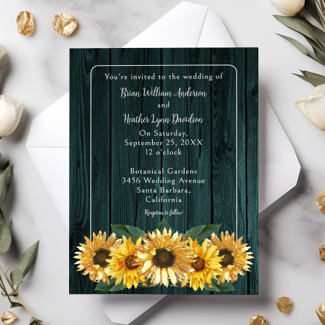 Convite Rustic Teal Sunflower (Teal Rustic Sunflower Wedding Invitation)