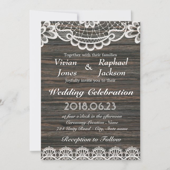 Convite Rustic White Lace and Wood Weding (Frente)