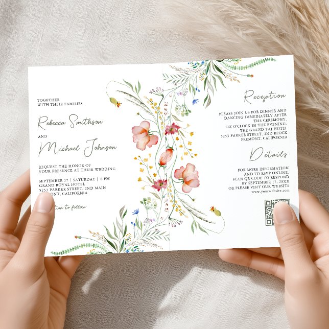Convite Rustic Wildflower Photo Collage QR Code Wedding (Criador carregado)