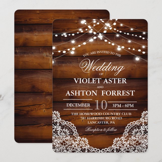 Convite Rustic Wood Lace Wedation (Frente/Verso)