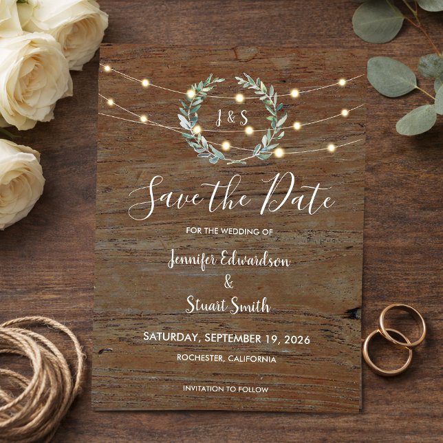 Convite Rustic wood string lights Save the Date (Rustic wood string of lights Save the Date Magnetic Invitation. For your rustic country wedding.)