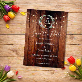 Convite Rustic wood string lights Save the Date