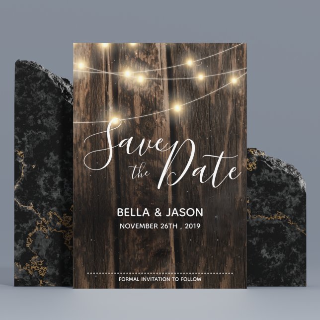 Convite Rustic Wood String Luz Casamento Salvar A Data (Rustic Wood String Lights Wedding Save The Date Magnetic Invitation)