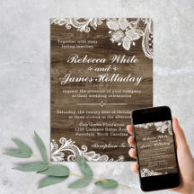 Convite Rustic Wood & Vintage Lace Wedation