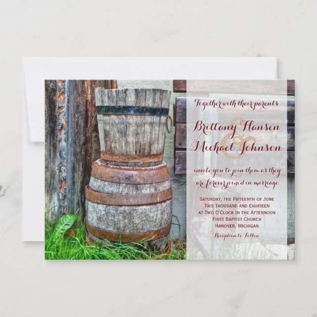 Convite Rustic Wooden Barrel Country Para Casament (Frente)