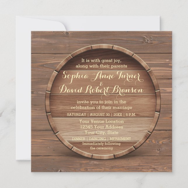 Convite Rustic Wooden Barrel para Casamento (Frente)