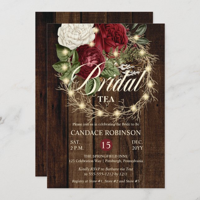 Convite Rustic Woodsy Lighted Wreath Bridal Tea (Frente/Verso)