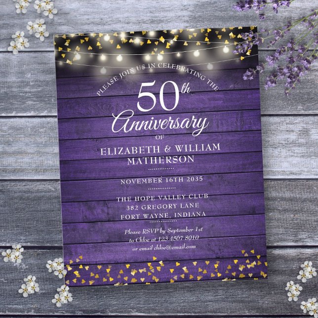 Convite Rústico de 50º Aniversário em Dourado com  (Budget 50th Anniversary Rustic Gold Hearts Invite)