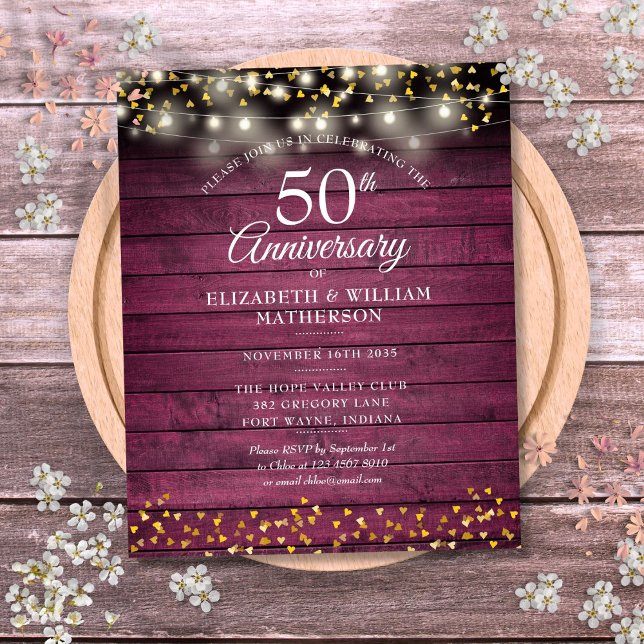 Convite Rústico de 50º Aniversário em Ouro com Cor (Budget 50th Anniversary Rustic Gold Hearts Invite)