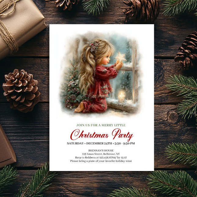 Convite Rústico de Natal para Cena de Natal Brilha (Bright Christmas Scene Girl Rustic Holiday Invite

)