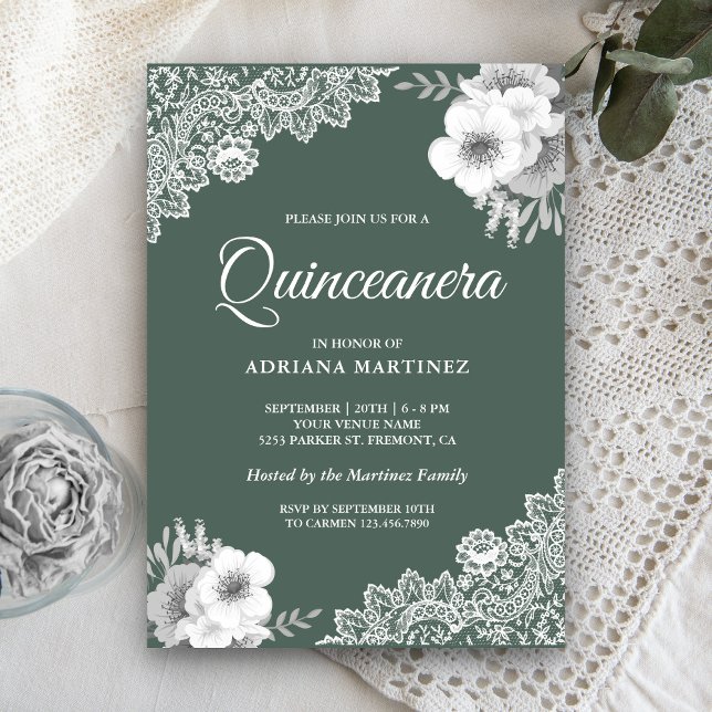 Convite Rustico Quinceanera Floral Verde Empoeirad (Criador carregado)