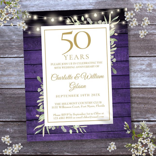 Convite Rústico Roxo de 50º Aniversário (Budget 50th Anniversary Purple Rustic Invitation)