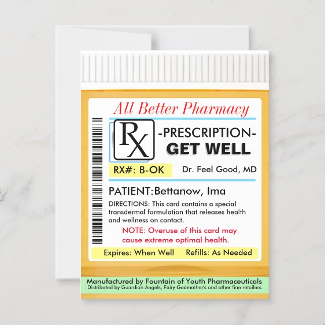 Convite RX Prescription for Health Get Well Card (Frente)