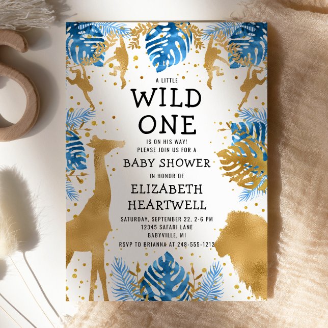Convite Safari Boy Baby Shower Azul Dourado (Criador carregado)