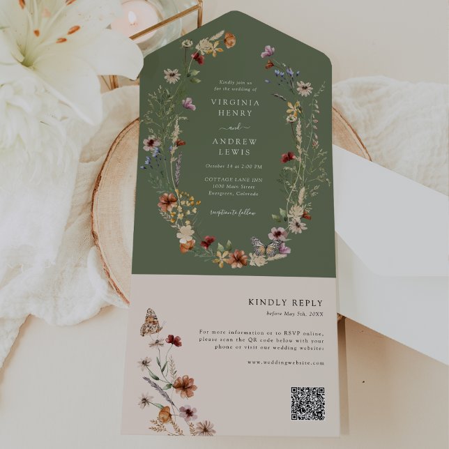 Convite Sage Boho QR Code Tudo Em Um (Boho Sage Boho Wildflower QR Code All In One with Butterfly Invite by Painted Paperie
)