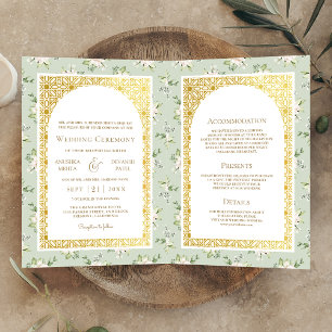 Convite Sage Green Floral Tudo em um Dourado casamento ind