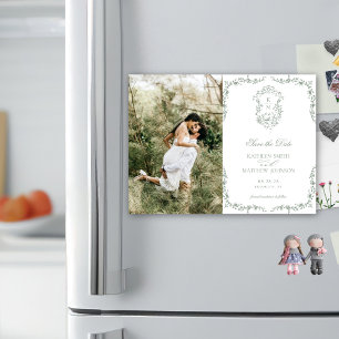 Convite Sage Green Monograma Vintage Crest Salvar Data