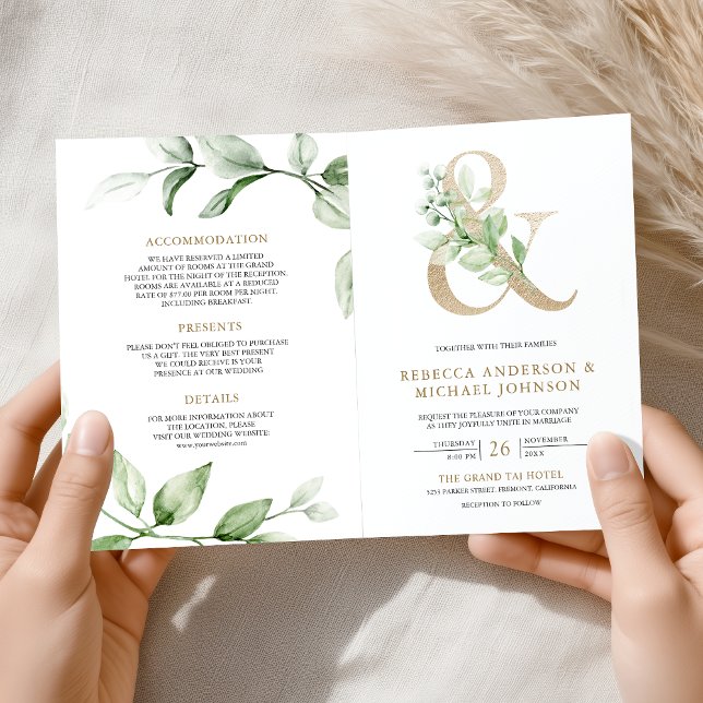 Convite Sage Greenery Gold Ampersand QR Code Wedding (Criador carregado)